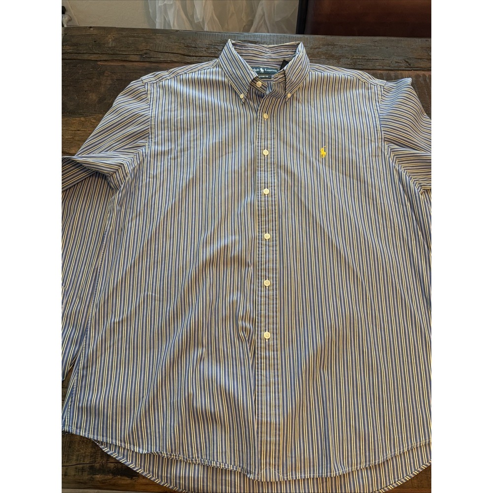 Ralph Lauren Custom Fit Men's XL Button Down Blue White Yellow Stripe Shirt